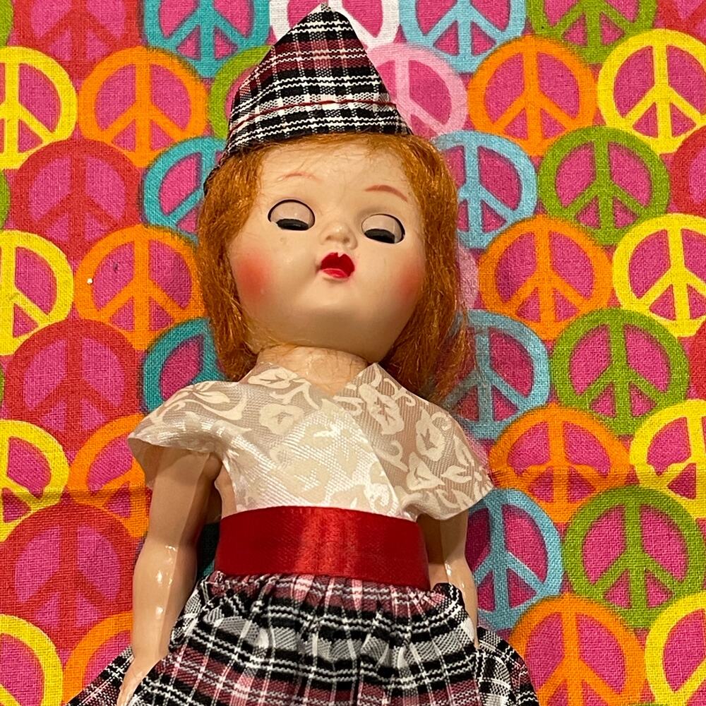 Vintage Vogue Handmade 7.5" doll Black Red Plaid Outfit Eyes Open Close Red Hair